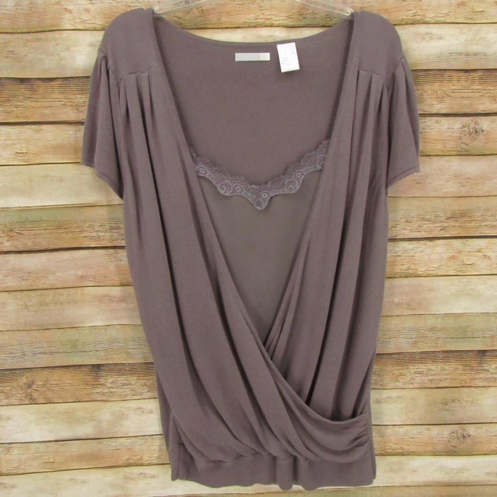 R Mauve Short Sleeve Criss-Cross Sweater with Attached Cami Tank 14/16